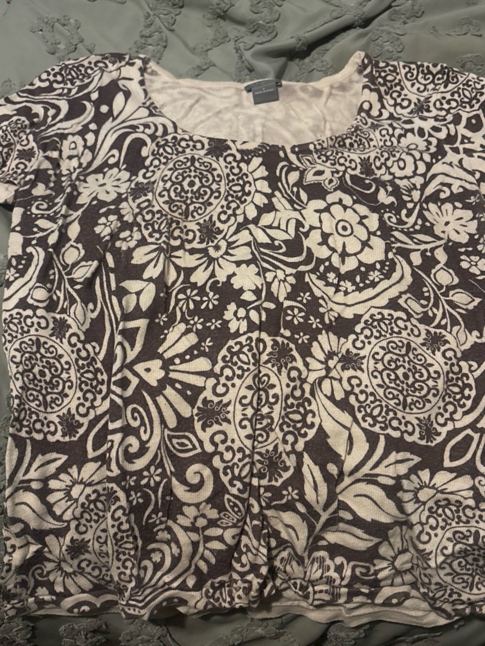 Ann Taylor Cream and Dark Brown Floral Scoop Neck Tee